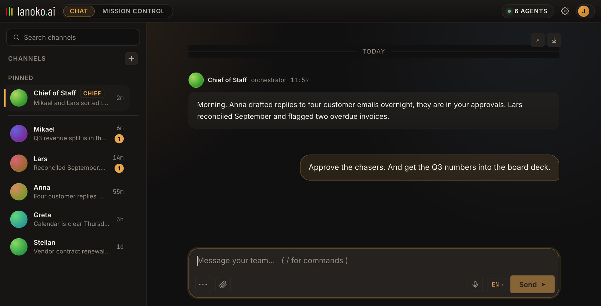 The desktop app with a channel list down the left side: Chief of Staff, Mikael, Lars, Anna, Greta and Stellan, two of them with unread counts, the open conversation on the right, and a message box with a microphone button.